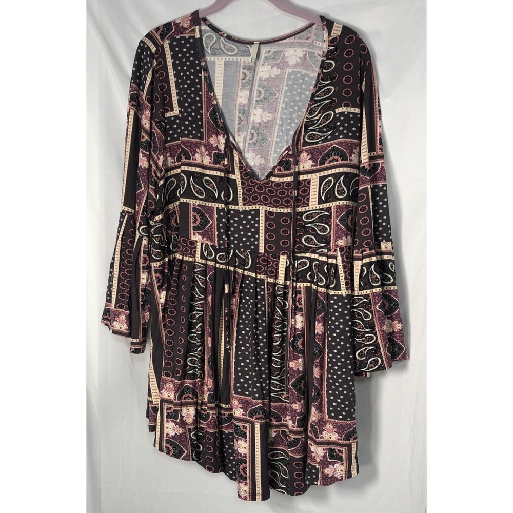 Voel Womens Brown Western Paisley Mult V-Neck Long-Sleeve Top w String Tie - 3XL
